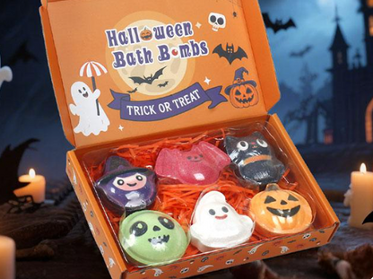 🎃 Halloween Bath Bomb Gift Set 🛁 – 6pcs Spooky & Cute Fizzy Balls 👻🦇🧙‍♀️