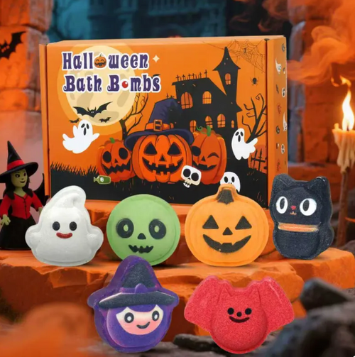 🎃 Halloween Bath Bomb Gift Set 🛁 – 6pcs Spooky & Cute Fizzy Balls 👻🦇🧙‍♀️